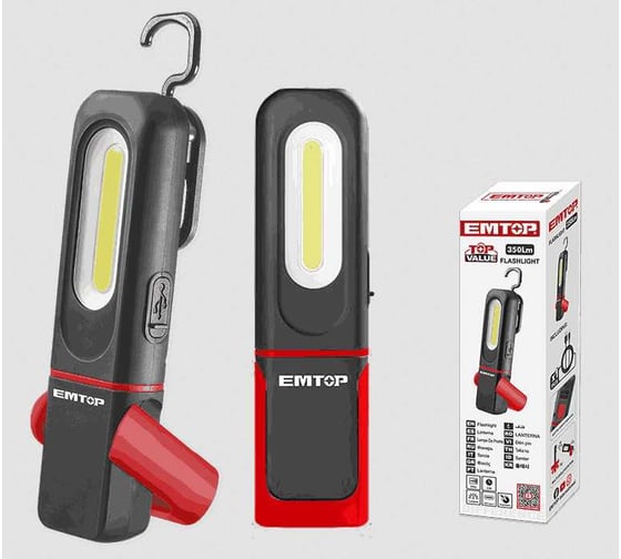 Изображение товара Фонарь EMTOP Яркость: Высокая: 350 люмен Низкая: 110 люмен Точечная: 80 люмен Дальность облучения: 20 м С 1 батареей емкостью 1200 мАч EMFL7508