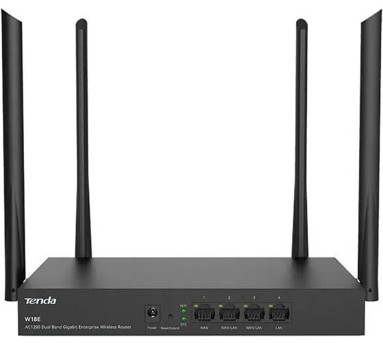 Изображение товара Двухдиапазонный гигабитный Wi-Fi роутер Tenda W18E AC1200, до 300 Мбит/с на 2,4 ГГц + до 867 Мбит/с на 5 ГГц, LAN 3x1Гбит/с, WAN 1x1Гбит/с, 4x5dBi антенны 10000141245