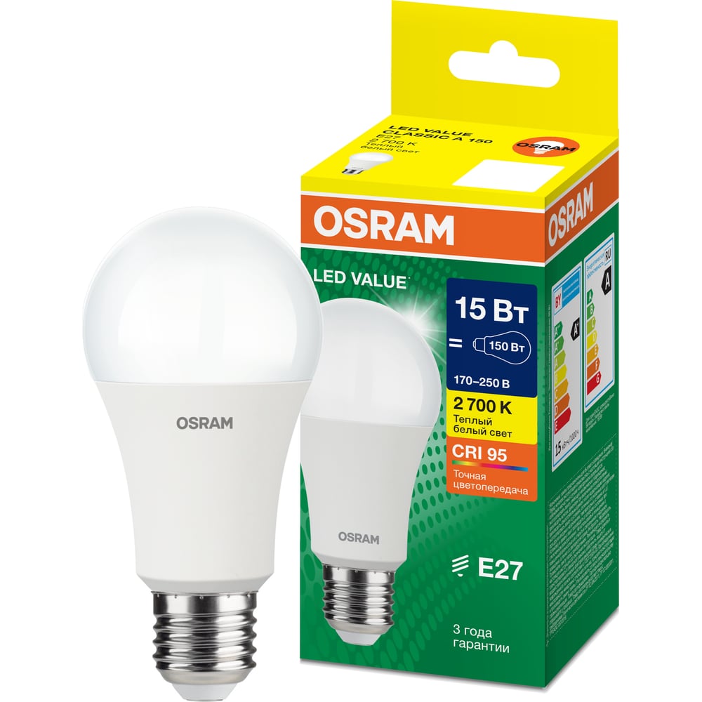 Изображение товара Лампа светодиодная Osram LED Value A E27 1500лм 15Вт замена 150Вт 2700К теплый белый свет 4058075579095 Изображение товара Лампа светодиодная Osram LED Value A E27 1500лм 15Вт замена 150Вт 2700К теплый белый свет 4058075579095