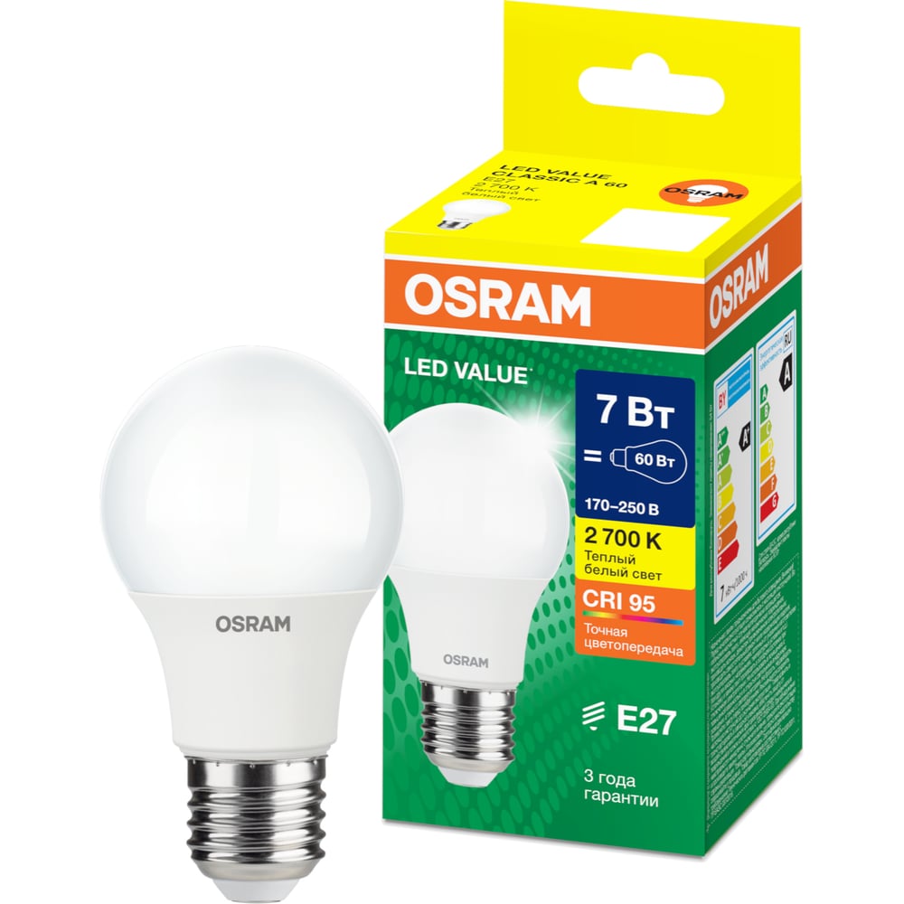 Изображение товара Лампа светодиодная Osram LED Value A E27 700лм 7Вт замена 60Вт 2700К теплый белый свет 4058075577893 Изображение товара Лампа светодиодная Osram LED Value A E27 700лм 7Вт замена 60Вт 2700К теплый белый свет 4058075577893