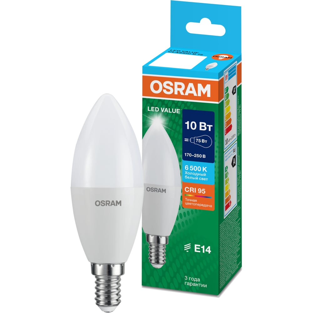 Изображение товара Светодиодная лампа OSRAM LED Value, B, E14, 800Лм, 10Вт, замена 75Вт, 6500К, холодный белый свет 4058075579262