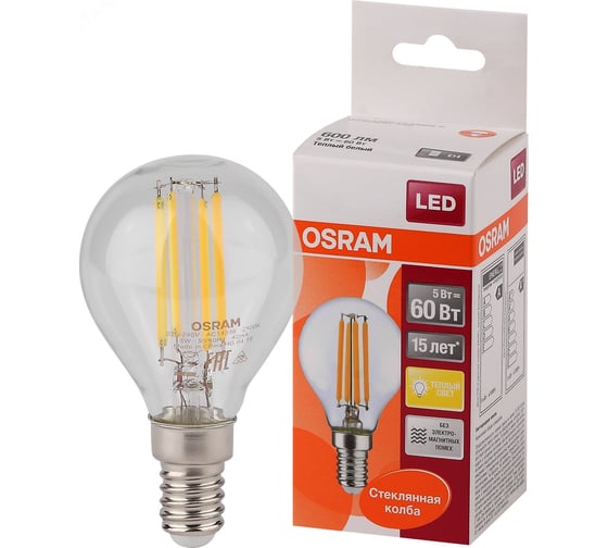 Изображение товара Светодиодная лампа OSRAM LED STAR, P, шар,  5Вт, E14, 600 Лм, 2700 К, теплый белый свет 4058075212459