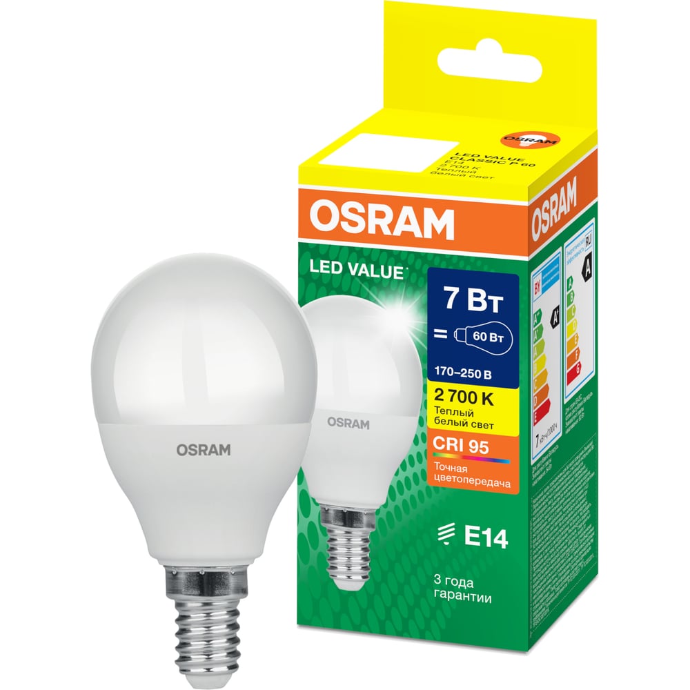 Изображение товара Лампа светодиодная Osram LED Value P E14 560лм 7Вт замена 60Вт 2700К теплый белый свет 4058075579620 Изображение товара Лампа светодиодная Osram LED Value P E14 560лм 7Вт замена 60Вт 2700К теплый белый свет 4058075579620