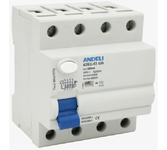 Изображение товара УЗО ANDELI ADB1L-63 4P 32A 30mA тип AC 6kA ADL03-020