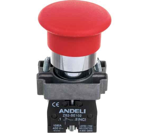 Изображение товара Кнопка ANDELI XB2-BC45 Грибок, без подсветки, красный, 1НЗ+1НО ADL10-067