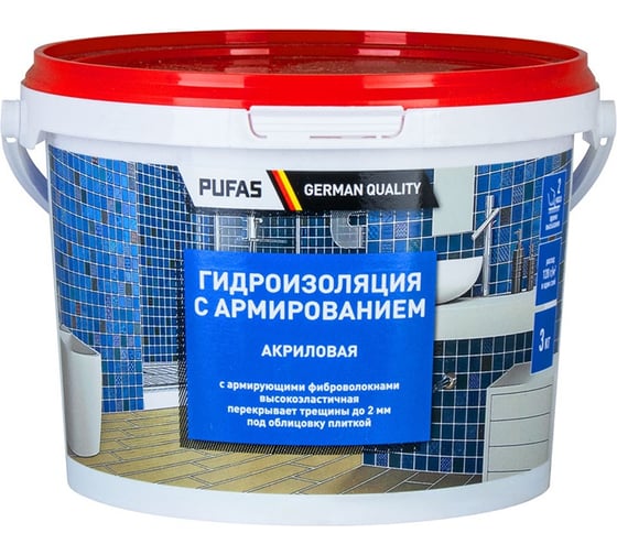Изображение товара Гидроизоляция ПУФАС акриловая, с армированием, морозостойкая, 3 кг, тов-217196