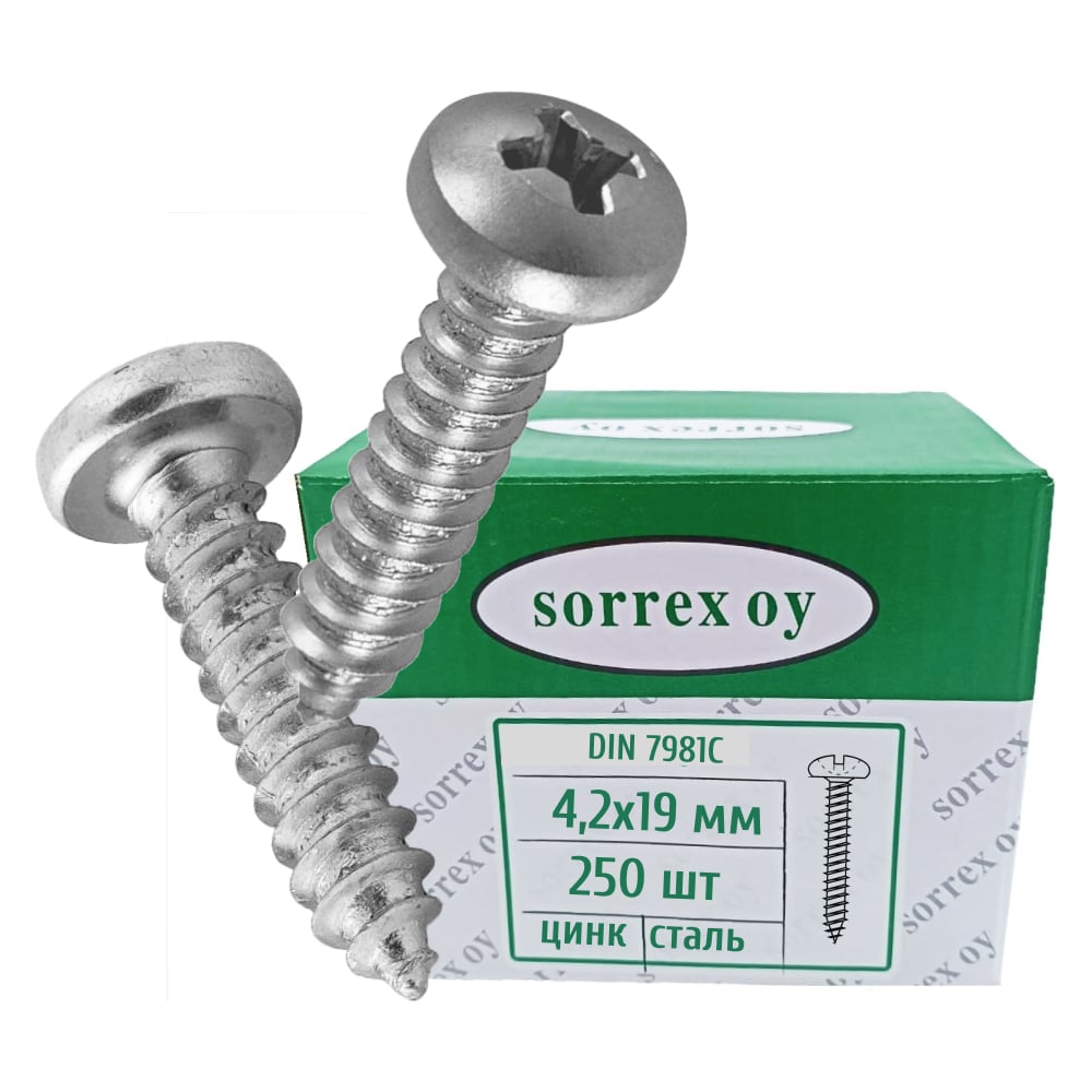 Изображение товара Оцинкованный саморез по металлу SORREX DIN 7981С 4,2х19, 250 шт.
