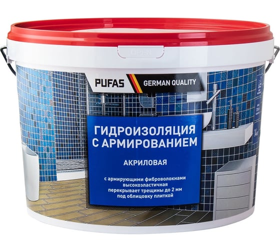 Изображение товара Гидроизоляция ПУФАС акриловая, с армированием, морозостойкая, 14 кг, тов-217198