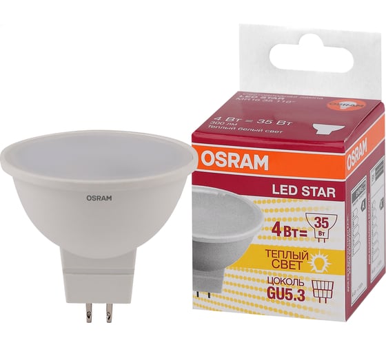 Изображение товара Светодиодная лампа Osram LED STAR MR16 4Вт GU5.3 300 Лм 3000 К Теплый белый свет 10х1 4058075480407