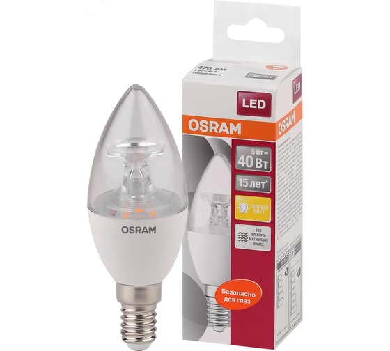 Изображение товара Светодиодная лампа OSRAM LED STAR, B, свеча, 5Вт, E14, 470 Лм, 2700 К, теплый белый свет 4058075318120