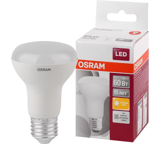 Изображение товара Светодиодная лампа OSRAM LED STAR, R63, 7Вт, E27, 600 Лм, 3000 К, теплый белый свет 4058075282629
