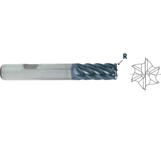 Изображение товара Фреза концевая твердосплавная YG-1 радиусная V7 PLUS с 6-ю зубьями с углом спирали 45 удлиненная, 6(R0.5)х6х6х13х57 GMG17060