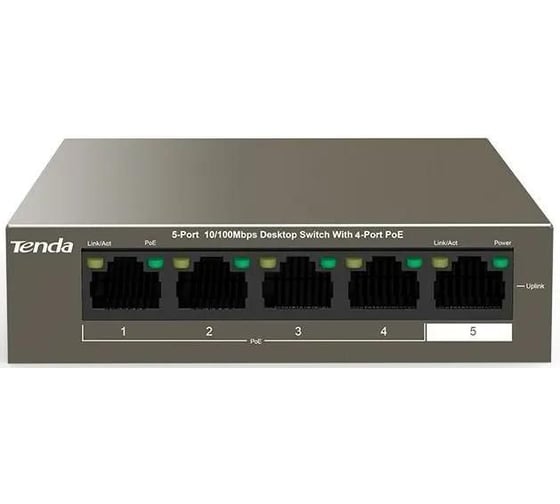 Изображение товара Коммутатор Tenda TEF1105P-4-63W неуправляемый PoE, 5 портов, 5x1 Гбит/с, PoE 4x30 Вт (до 58 Вт), настольный 10000090863