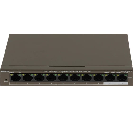 Изображение товара Коммутатор Tenda TEF1110P-8-102W неуправляемый PoE, 10 портов, 10x100 Мбит/с, 2x1 Гбит/с, PoE 8x99 Вт, настольный 10000091800