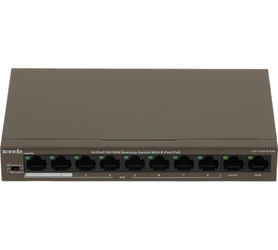 Изображение товара Коммутатор Tenda TEF1110P-8-63W неуправляемый PoE, 10 портов, 10x100 Мбит/с, PoE 8x30 Вт, 2хUplink, настольный 10000090495