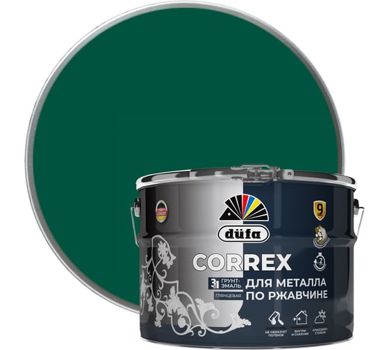 Изображение товара Грунт-эмаль Dufa CORREX 3 в 1 для металла по ржавчине RAL-6005 зеленый мох 10 л МП00-013741