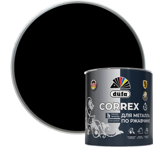 Изображение товара Грунт-эмаль Dufa CORREX 3 в 1 для металла по ржавчине RAL-9005 черный 2 л МП00-013660