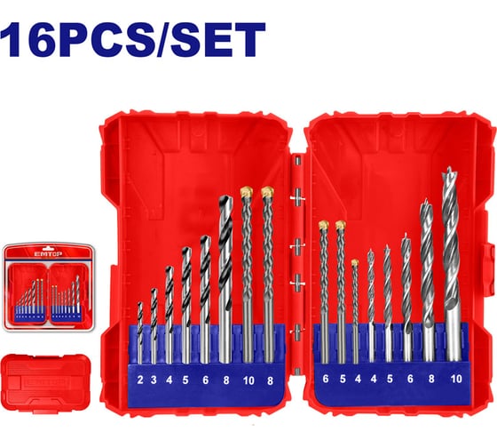 Изображение товара Набор сверл EMTOP 16шт ECDB01601