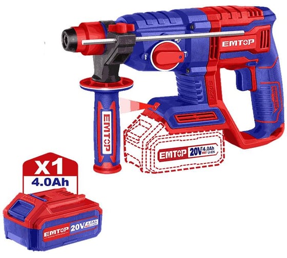 Изображение товара Аккумуляторный перфоратор emtop напряжение: 20 В, скорость холостого хода: 0-1100 об/мин, частота ударов: 0-5400 об/мин ELRH202081