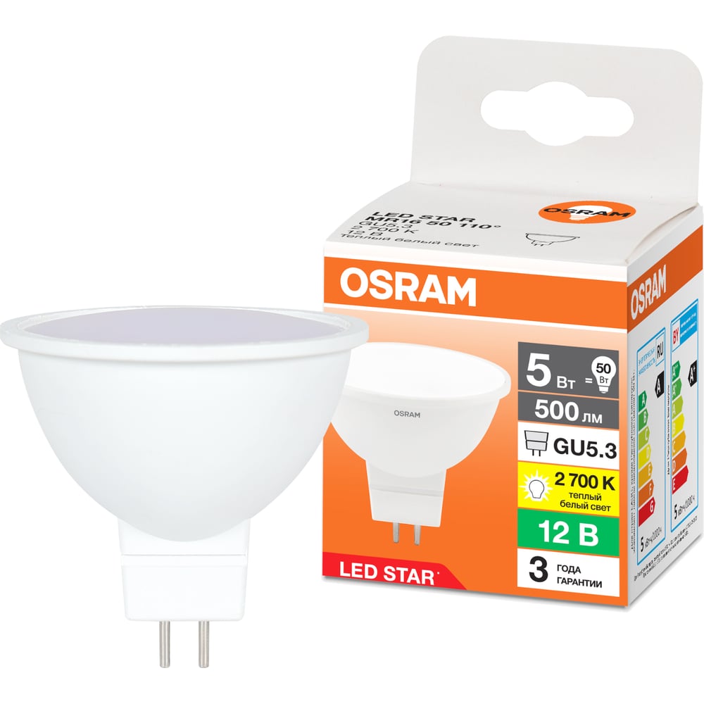 Изображение товара Светодиодная лампа OSRAM LED STAR MR16 5Вт GU5.3 500 Лм 2700 К Теплый белый свет 4099854323805 Изображение товара Светодиодная лампа OSRAM LED STAR MR16 5Вт GU5.3 500 Лм 2700 К Теплый белый свет 4099854323805