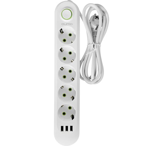 Изображение товара Сетевой фильтр QUMO Power Bar Light SPFS (P-0009), 5 розеток, 2500 Вт, 10A, кабель 2м 3*0,75 мм CCA, пожаробезопасный пластик, евровилка, 3 USB-A порта 1A суммарно (цвет белый) 51552
