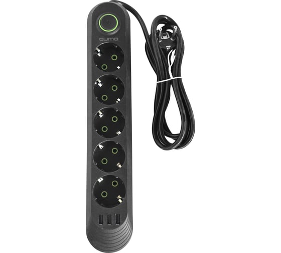 Изображение товара Сетевой фильтр QUMO Power Bar Light SPFS (P-0009), 5 розеток, 2500 Вт, 10A, кабель 2м 3*0,75 мм CCA, пожаробезопасный пластик, евровилка, 3 USB-A порта 1A суммарно (цвет черный) 51553