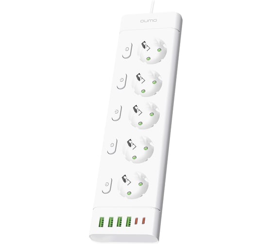 Изображение товара Сетевой фильтр QUMO Power Bar SPFSU2 (P-0009), 5 выключаемых розеток, 2500 Вт, 10A, кабель 3м 3*1 мм чистая медь, пожаробезопасный пластик, евровилка, 4 USB-A и 2 Type-C порт 2,4A суммарно (цвет белый) 51562