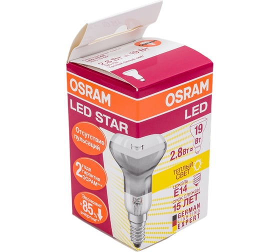 Изображение товара Светодиодная лампа OSRAM LED STAR R50 2.8Вт E14 180 Лм 2700 К Теплый белый свет 4058075055414