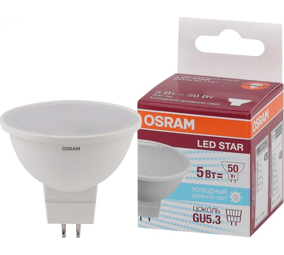 Изображение товара Светодиодная лампа OSRAM LED STAR MR16 5Вт GU5.3 400 Лм 6500 К Холодный белый свет 4058075480520