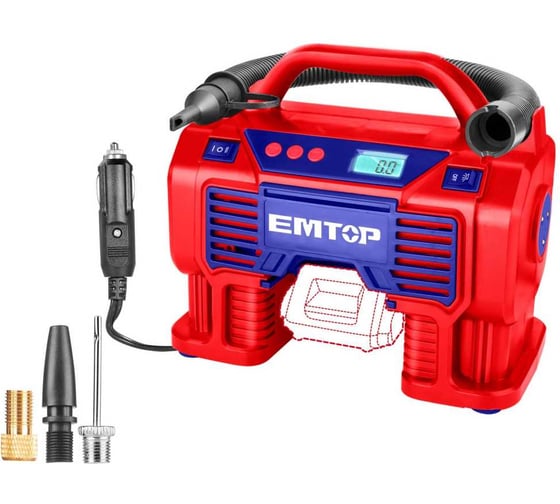 Изображение товара Аккумуляторный авто компрессор emtop 20 В, максимальное давление 160 фунтов на квадратный дюйм, 11 бар, С 3-мя светодиодными индикаторами, цифровой дисплей ELAC2002