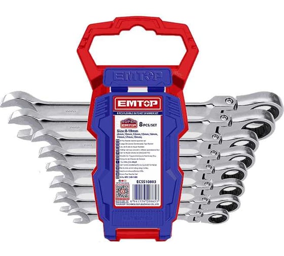 Изображение товара Набор гаечных ключей с гибким храповиком emtop 8 шт ECSS10803