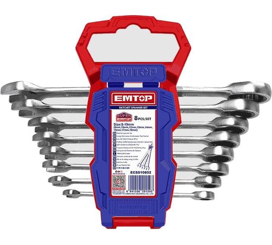 Изображение товара Набор комбинированных ключей с трещоткой emtop 8 предметов, 8-19 мм ECSS10802