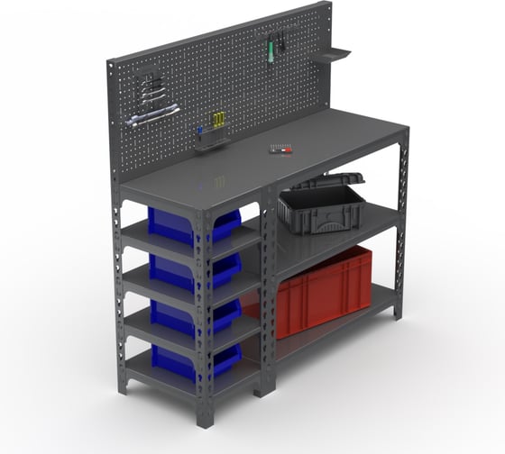 Изображение товара Стол-верстак ООО Металекс 950x1200x600 (с бок. полками, перфопанелью и комп. аксессуаров) серый / 111672