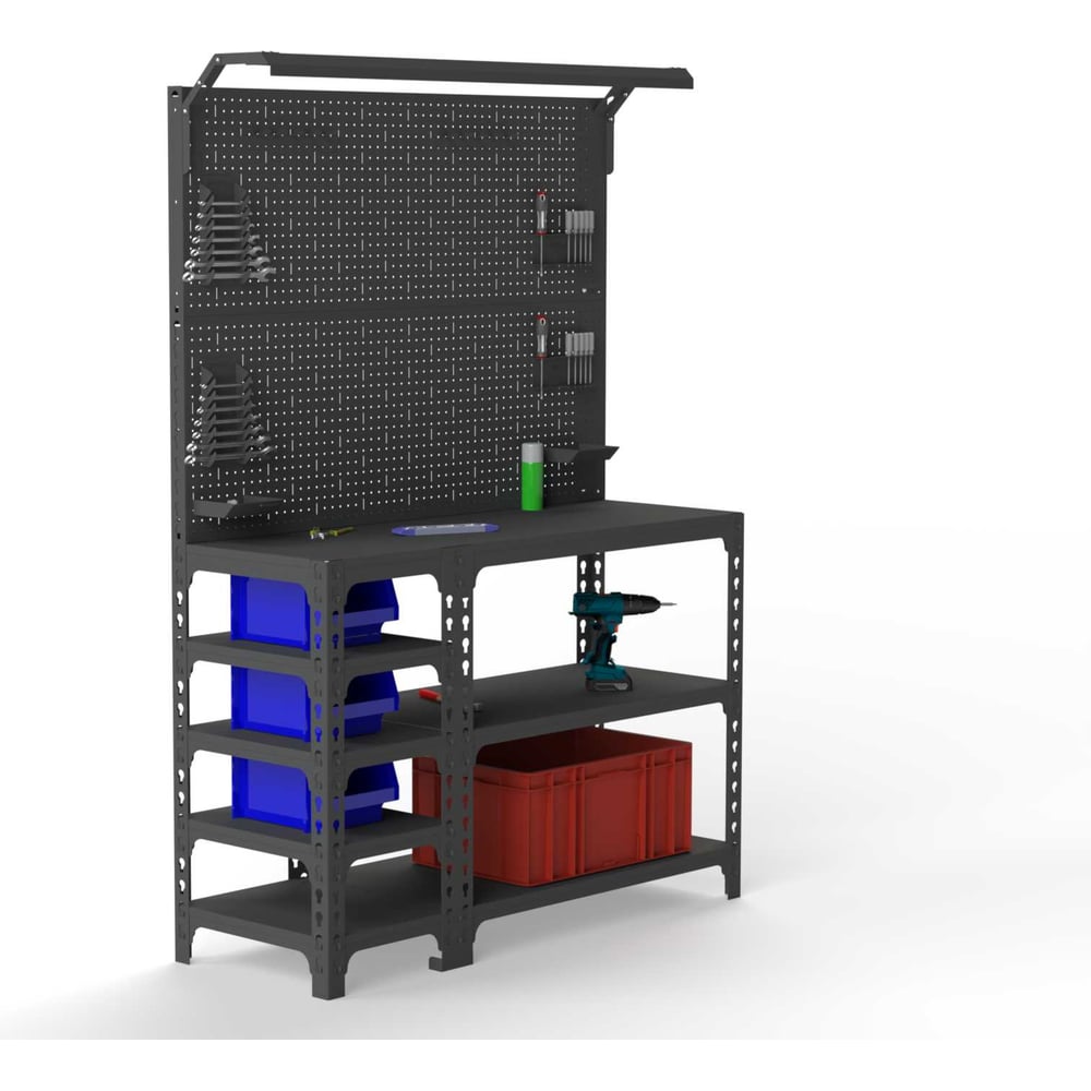 Изображение товара Стол-верстак ООО Металекс SUN 950x1300x600 с полками и освещением серый