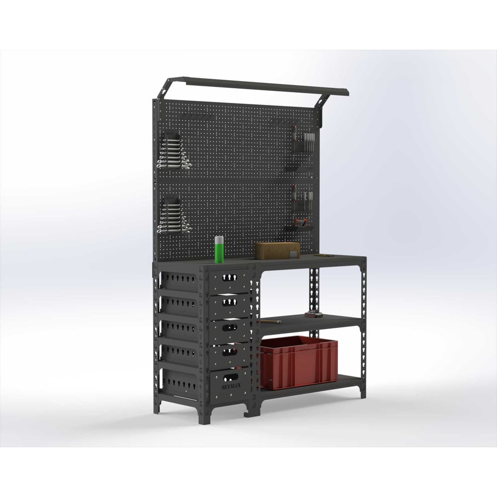 Изображение товара Стол-верстак ООО Металекс SUN 950x1200x500 (с бок. тумбой, 2-мя панелями и комплектом освещения) серый / 111921