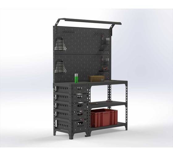 Изображение товара Стол-верстак ООО Металекс SUN 950x1600x400 (с бок. тумбой, 2-мя панелями и комплектом освещения) серый / 111919