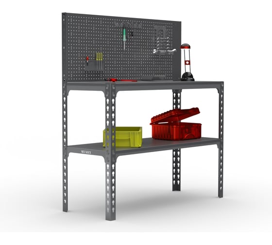 Изображение товара Стол-верстак ООО Металекс 950x1100x600 (одна полка) + перфопанель с комплектом аксессуаров (серый) / 111725