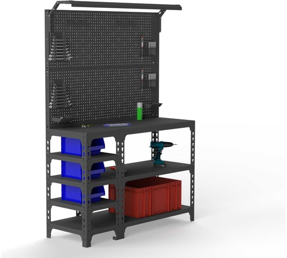 Изображение товара Стол-верстак ООО Металекс SUN 950x1500x400 (с бок. полками, 2-мя панелями и комп. освещения) серый / 111882