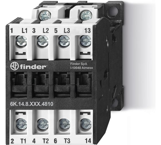 Изображение товара Промышленный контактор Finder 3NO 10A (АС3 400В) + 1NO 2A; контакты AgSnO2; катушка 110В АС; степень защиты IP20 6K1481104810