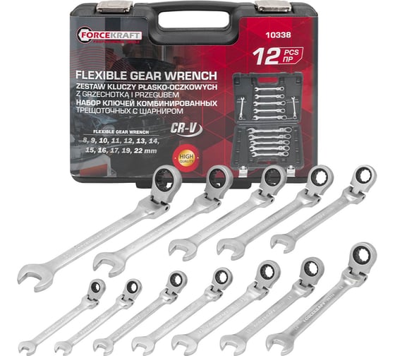 Изображение товара Набор ключей комбинированных трещоточных с шарниром Forcekraft 12 предметов FK-10338(64759)