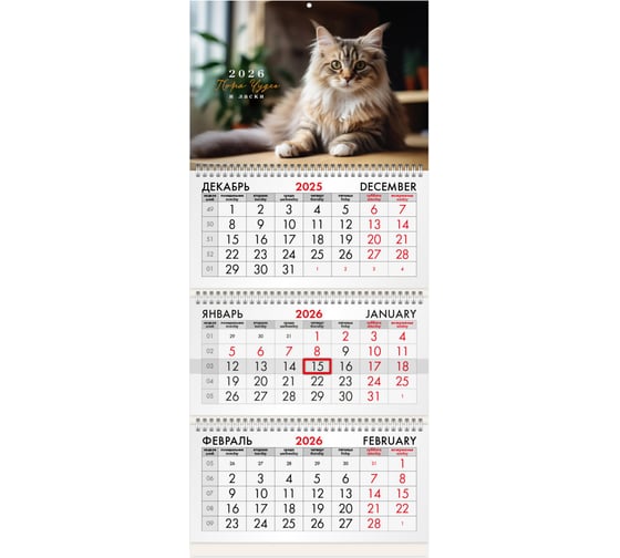 Изображение товара Календарь квартальный BRAUBERG 2026 г, 3 блока 3 гребня бегунок, офсет, Кот 116780