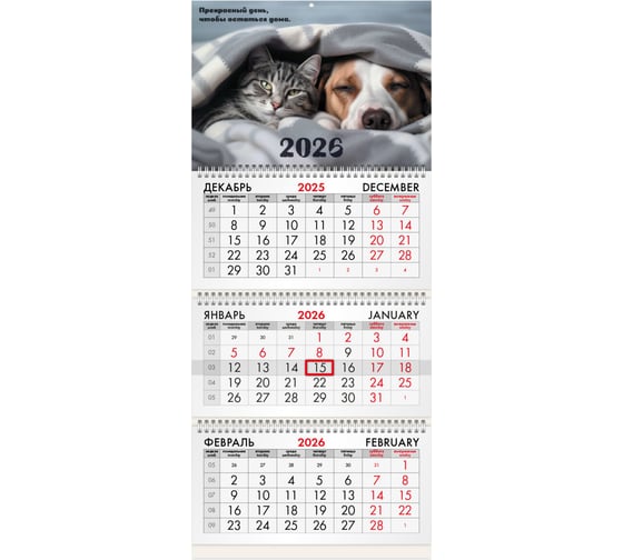 Изображение товара Календарь квартальный BRAUBERG 2026 г, 3 блока 3 гребня бегунок, офсет, Домашние любимцы 116763