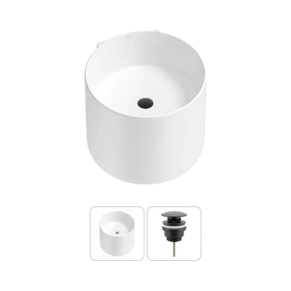 Изображение товара Подвесная раковина 45x45 см белая с донным клапаном и черным аксессуаром