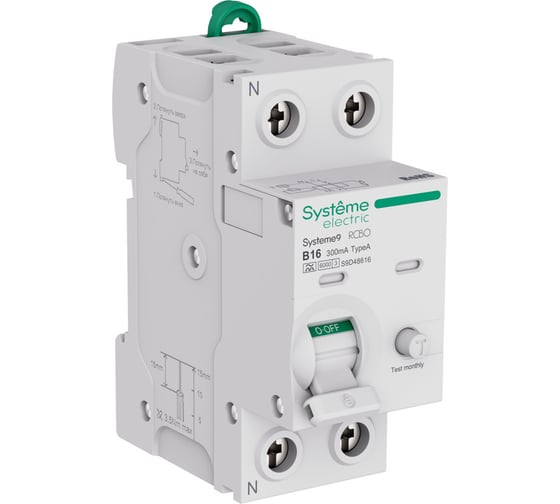 Изображение товара Автоматический выключатель дифференциального тока (АВДТ) Systeme Electric Systeme9 1 P+N, хар-ка B, 16 A, 6 kA, 300 мА, Тип-A, 230 В S9D48616