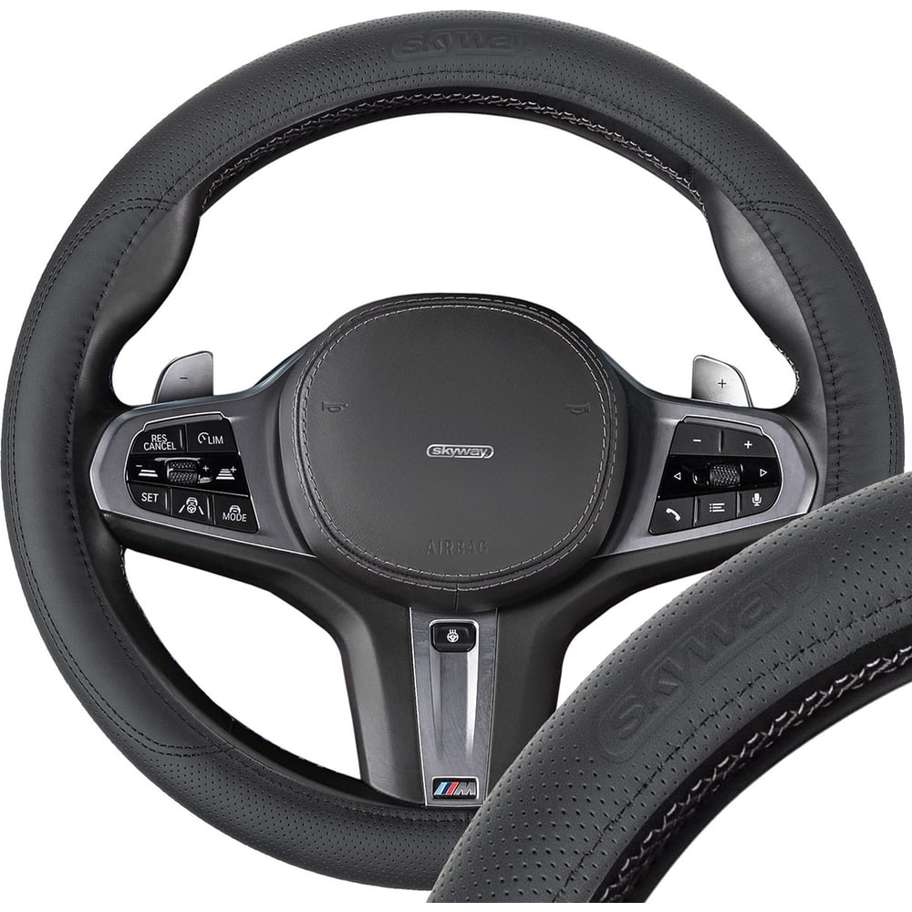 Изображение товара Оплетка натуральная кожа SKYWAY M (37-39 см) Design Real-9, черная S01108019