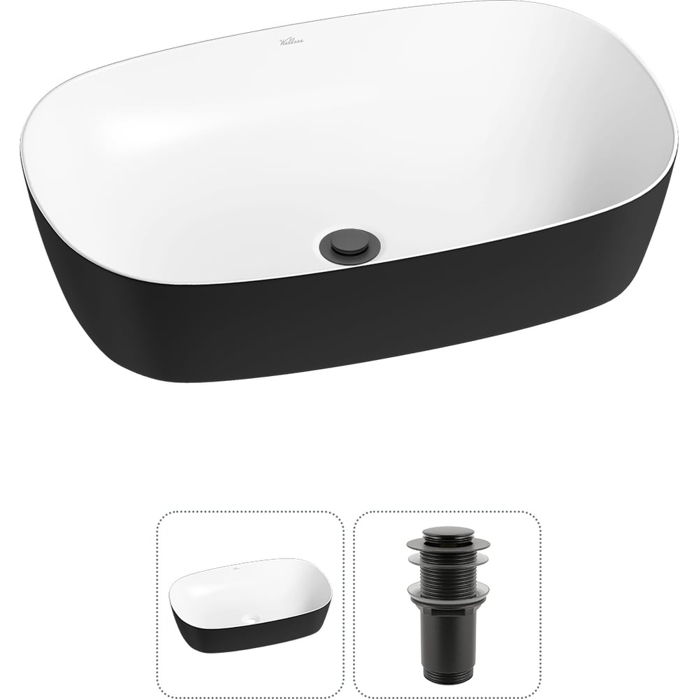 Изображение товара Набор раковина Wellsee 2 в 1 Ground Breaking накладная 61x39 см черный и белый матовые