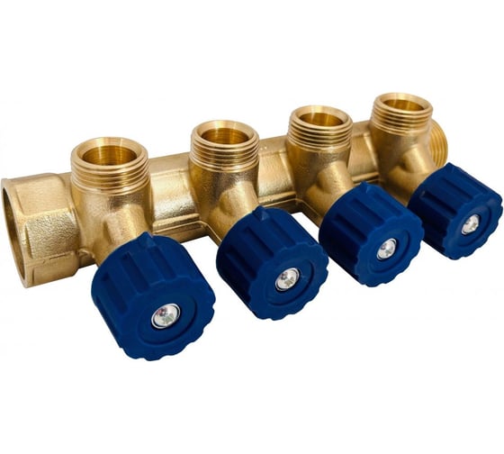 Изображение товара Коллектор латунный АПОГЕЙ КЛА 2504.045-4У-ВГР(С)-20 DN25 ВР1-НР1 м/о 45 мм НР3/4''ЕК с регулирующими вентильными головками синими на 4 выхода 411007