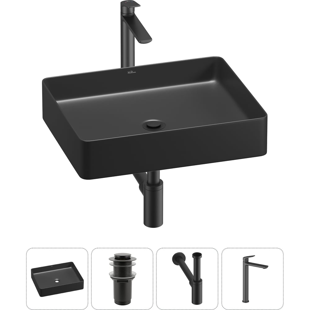 Изображение товара Набор для ванной комнаты Wellsee 4 в 1 FreeDom 2.0 накладная раковина черная смеситель