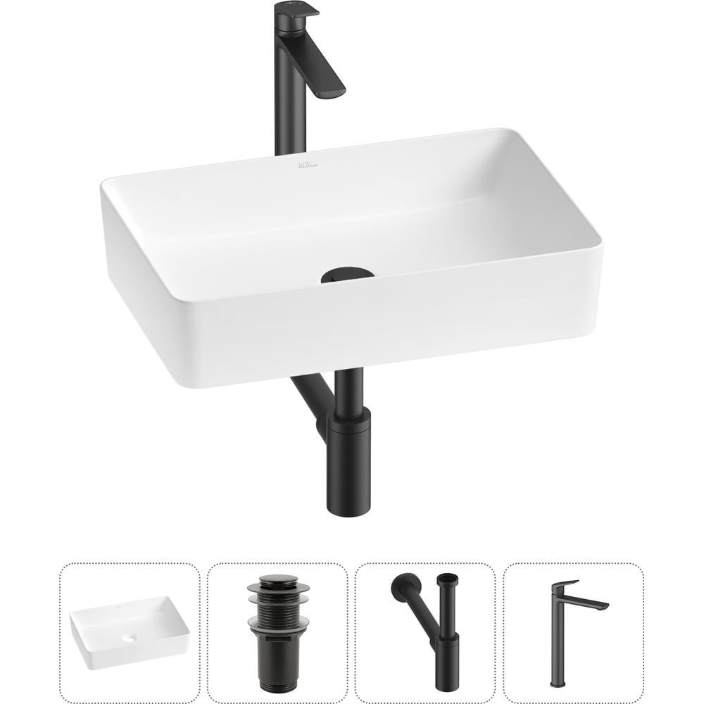 Изображение товара Набор Wellsee 4 в 1 FreeDom 2.0 накладная раковина с смесителем из фарфора 50x34 см