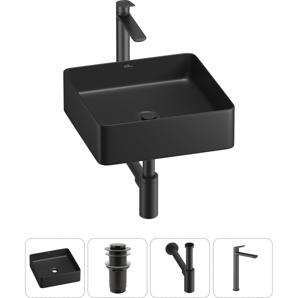 Изображение товара Набор для ванной комнаты Wellsee 4 в 1 FreeDom 2.0 накладная раковина 36x36 см черная